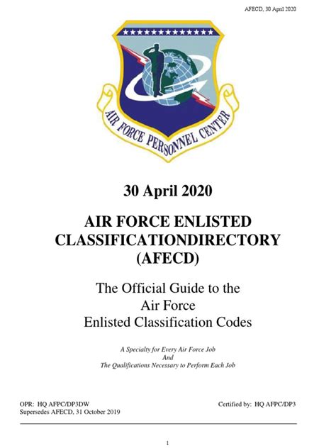 30 April 2020 <b>AIR</b> <b>FORCE</b> ENLISTED CLASSIFICATIONDIRECTORY (<b>AFECD</b>) The Official Guide to the <b>Air</b> <b>Force</b> Enlisted Classification Codes A Specialty for Every <b>Air</b> <b>Force</b> Job And The Qualifications Necessary to Perform Each Job. . Afecd air force